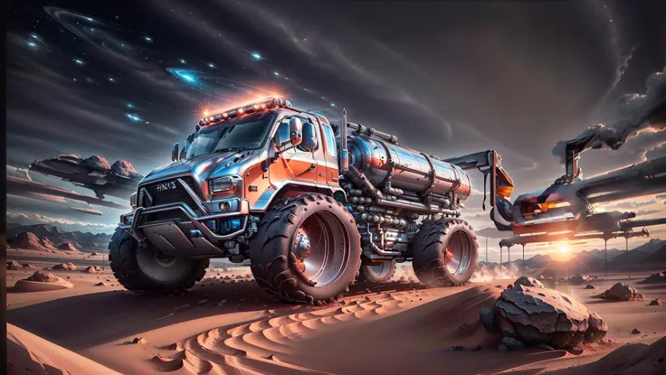 GlassSteelAI firetruck, <lyco:TruckMaker:0.7>, offroad, outdoor, (mars desert landscape:1.1), rocks, volumetric light, mist, sunrise, <lora:GlassSteelAI:.9>