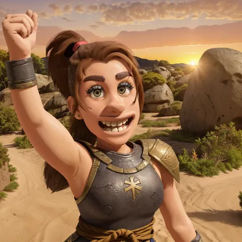 1girl, woman, ponytail hair, sunset, wearing warrior outfit, upper body perspective, smiling, aardman style<lora:Aardman Style:0.67>