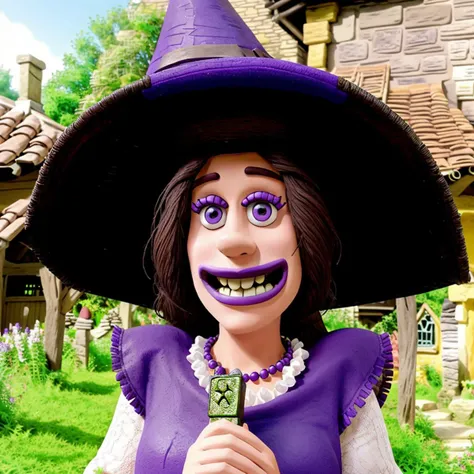Beautiful witch woman, with short black hair, purples eyes, big bust, dressed in witch clothes, sitting in a tavern smiling, realisitic, Full HD, best qualityer