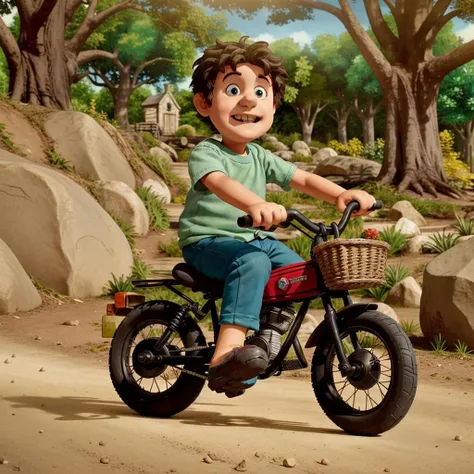 A little boy riding a bike, aardman style, trees behind him, close-up <lora:Aardman Style:0.7>
