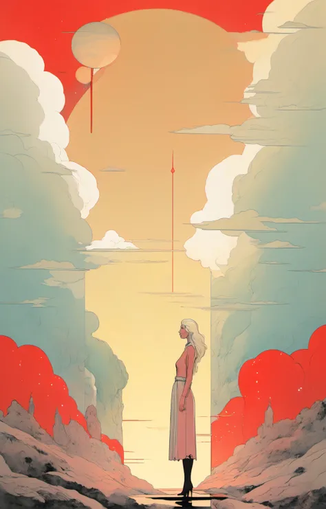 retro-futuristic aesthetics,<lora:chahua:1.2>,(ch:1.2),bird,beautiful welsh woman, freckles, black eyes, platinum blonde twin drills hair,,standing,solo,surreal,cloud,red sky,aurora,pastel colors, [Milo Manara]