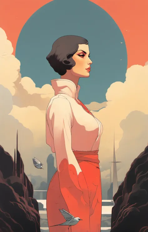 retro-futuristic aesthetics,<lora:chahua:1.2>,(ch:1.2),bird,beautiful (elven:0.7) woman, freckles, coral eyes, dark blonde sleek hair,,(curvy and busty:2),standing,solo,black hair,sun,surreal,short hair,jacket,cloud,red sky,pastel colors, Milo Manara