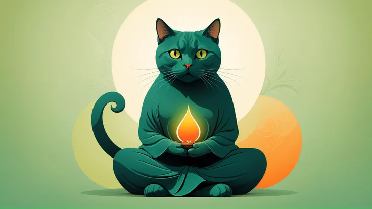 <lora:chahua:0.9>, ch, green british cat, meditation, esoteric, illustration, (abstract:1.1)
