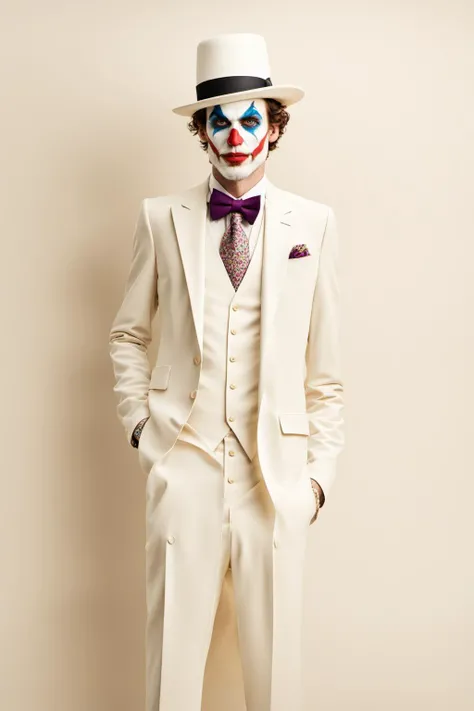 <lora:chahua:0.9>,ch,Minimalist fasion photo of a Joker in white suit and hat. White filigree background,