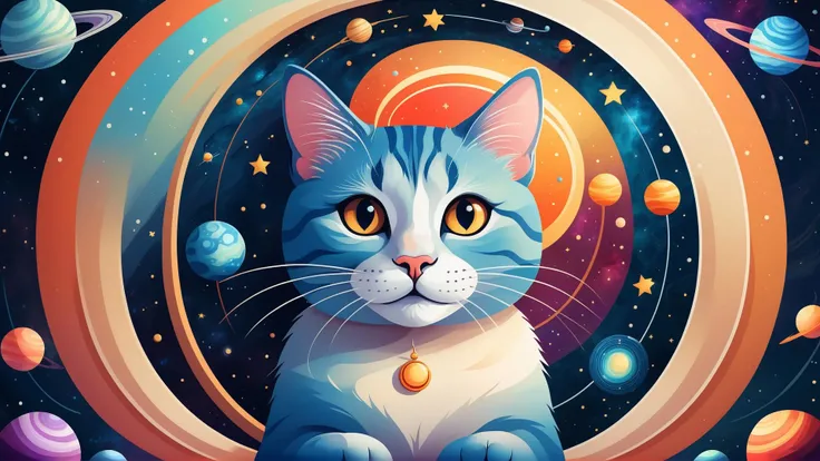 <lora:chahua:0.9>, ch, smiling flat cat meditation in center of scientific deep deep space lab abstract mandala, (abstract:2), soft colors, a lot of stars, planets and galacticas