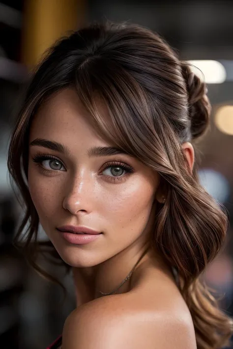 photo of beautiful (milanavin0:0.99), a woman in a (weapon shop:1.1), perfect hair, hair upsweep updo, wearing (nightwear:1.2), modelshoot style, (extremely detailed CG unity 8k wallpaper), professional majestic (photography by  helmut newton:1.1), (Sony a6400 Mirrorless Camera), 24mm, exposure blend, hdr, faded, extremely intricate, High Detail, Sharp focus, dramatic, soft cinematic light, (looking at viewer), (detailed pupils), cute smile, 24mm, 4k textures, soft cinematic light, adobe lightroom, photolab, elegant, ((((cinematic look)))), soothing tones, insane details, hyperdetailed, low contrast, (sexy)