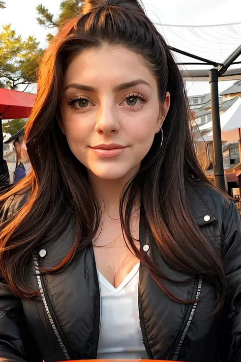 carlaH1piercing eyes, looking straight, very happy,long hair, wearing an black coat jacket, closeup portrait, in a outdoor cafe in 2015, afternoon light