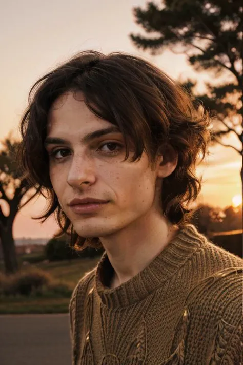<lora:fwolf:0.6> fwolf wearing a knitted sweater, ((golden hour sunset)), outside, portrait shot
