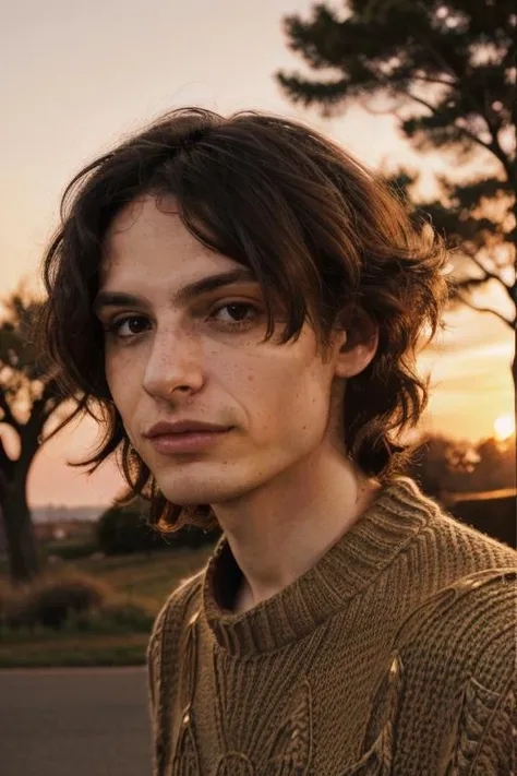 <lora:fwolf:0.6> fwolf wearing a knitted sweater, ((golden hour sunset)), outside, portrait shot