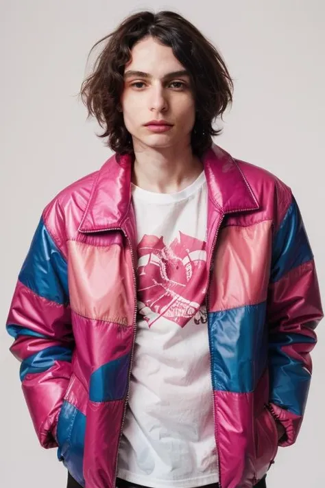 <lora:fwolf:0.6> fwolf wearing an extremely oversized abstract pink puffer jacket, editorial shot, studio photography