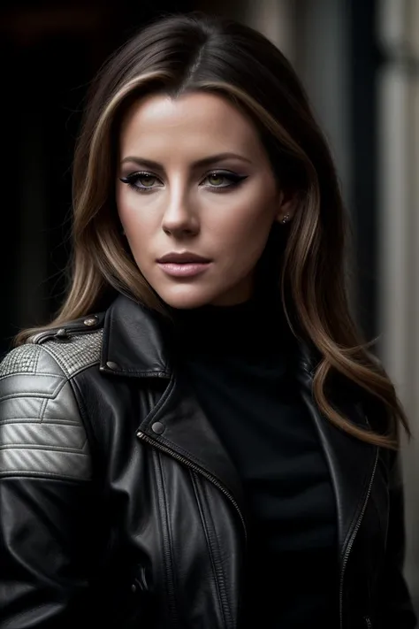 beautiful woman (k4t3b3ck:.99), beautiful hair, ((closeup portrait:1.1)), ((from the waist up)), ((Paris)), natural skin texture, ((leather jacket, long sleeve top, and straight-leg pants :1.2)), 24mm, 4k textures, soft cinematic light, adobe lightroom, photolab, hdr, intricate, elegant, highly detailed, sharp focus, ((((cinematic look)))), soothing tones, insane details, intricate details, hyperdetailed, low contrast, soft cinematic light, exposure blend, hdr, faded, ((eyeshadow:1.2)), ((eyeliner:1.1))