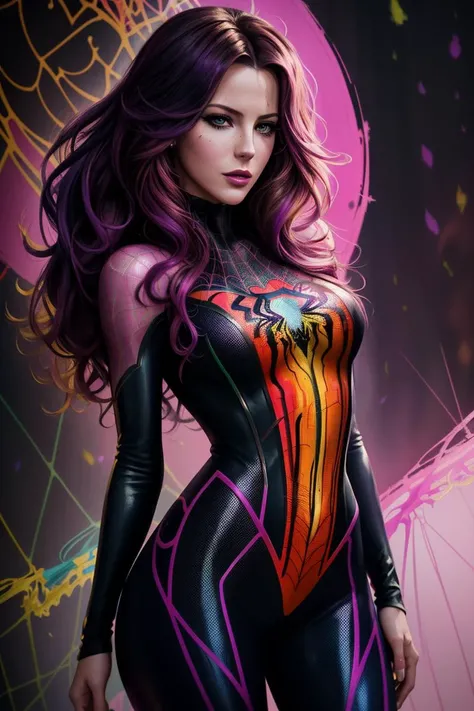 painting of seductive (k4t3b3ck:0.99), a woman as a superhero, (closeup portrait:1.2), (colorful superhero outfit:1.1), in a (Spiderverse movie), (long trousers), (masterpiece painting by Carne Griffiths:1.2) (bokeh) (best quality) (detailed skin texture pores hairs:1.2) (intricate) (8k) (HDR) (wallpaper) (cinematic lighting) (sharp focus), (vivid atmosphere), (face focus), (art by carne griffiths:1.2), (splatter:1.1), ((eyeliner:1.2)), ((iconic mysterious eyes:1.2))