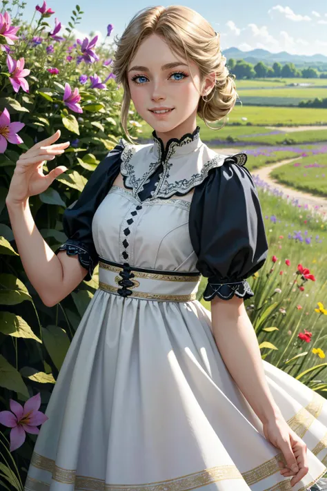 ((ultra detailed, masterpiece, absurdres))
 <lora:PEmilie:0.9>
PEmilie, 1girl, solo, blonde hair, blue eyes, In a field of wildflowers, wearing a flowing dress, smiling