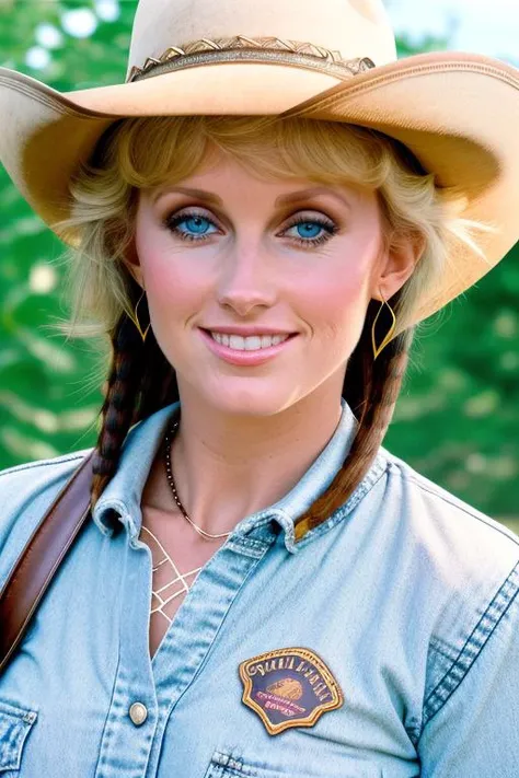 raw photo of a stunning young woman, cowgirl on the farm, beautiful day in the wild wild west, upper body, close up, face, eyes, center frame, happy to see you, 8k uhd, fujifilm xt3