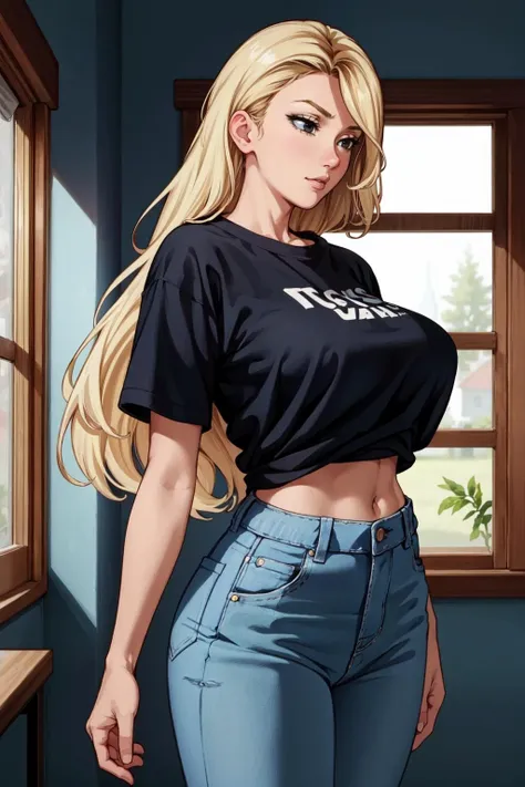 (masterpiece:1.2, best quality:1.2, beautiful:1.1, high quality, 4k:1.1, aesthetic), detailed, extremely detailed, ambient soft lighting, flawless, hires, 1girl, big breasts, solo, t-shirt, jeans, blonde hair, long hair, black eyes, park, <lora:aromasensei:0.85>