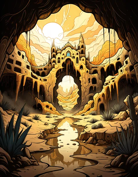 zavy-fltlnpnt, lineart, cel-shaded graphics, landscape of a Cloudy Goldbeard Grotto and Dusty Desert oasis, Sad, Neo-Expressionism, Warm lighting, Embroidery, dynamic cinematic perfect background, perfect symmetry, delicate, epic composition, magic atmosphere, detailed