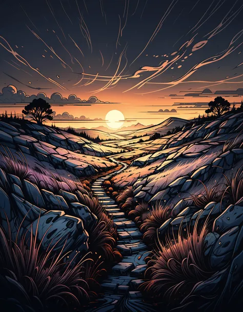 zavy-fltlnpnt, lineart, cel-shaded graphics, landscape of a Moorland, highly detailed, at Twilight, 50mm, gorgeous, background inspired, winning, extremely stylish, modified, dynamic cinematic perfect background, highly contrasted, highly intricate, intense, warm light