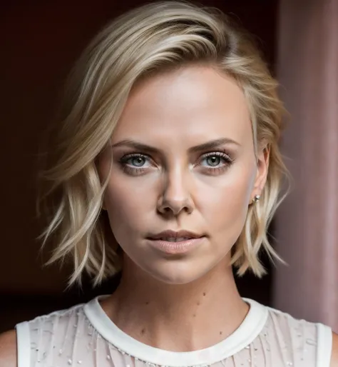 Charlize Theron young, hair blonde, beautiful face, photo,8k,sharp focus,beautiful woman,close up, pink red shirt,(detailed eyes:0.8),(looking at the camera:1.4),(highest quality),(best eyeshadow),brown eyes,rim lighting,two tone lighting,dimly lit,low key,intricate details,interior,