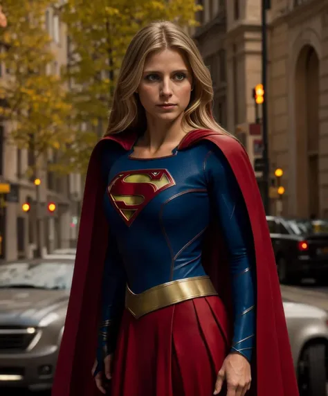 Photo of Helen Slater is Supergirl , hero, hair blonde, cape red, skirt red, boot red , hero suit texture, light((masterpiece)), ((best quality)), (ultra-detailed), absurdres, extremely detailed CG unity 8k wallpaper,Accurate describe shapes, (realistic), beautiful face, detailed hands, expressive eyes, upper body, ((close-up)), solo, city, scenery, dramatic light, (standing, superhero) , ((masterpiece)), absurdres, HDR, building, <lora:epi_noiseoffset2:0.7>