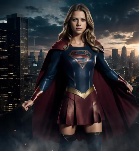 melissa Benoist, 8k, best quality, real image, intricate detail, ultra-detail, ultra-high resolution, depth field, (realistic, realistic: 1.2), masterpiece, photo 1girl, supergirl, superhero, realistic, blue eyes, blonde, long hair, serious, angry, solo, ((midriff)), ((navel)), (underboob), (long sleeves), (red skirt), (red cape), standing, city background, best quality, realistic, Realism, (complex details: 1.2), (fine details), (movie light), clear lines, sharp focus, realistic face, detailed beautiful face