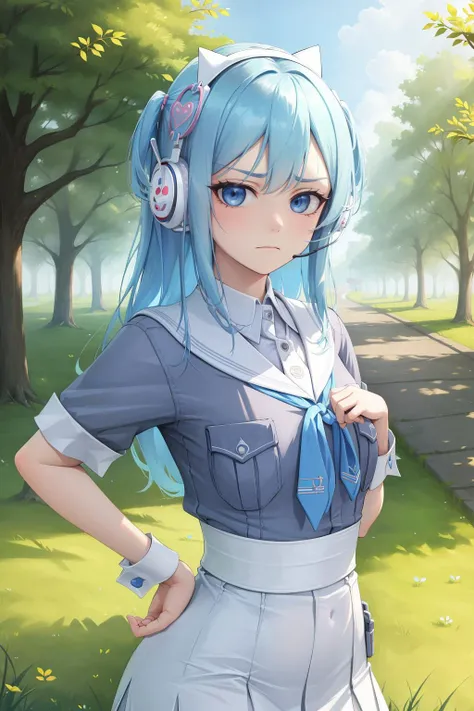 masterpiece, best quality, shifty, cat ear headphones, blue shirt, sailor collar, white skirt, wrist cuffs, upper body, hands to hips, unimpressed, neutral expression, furrowed brow, looking at viewer, trees, grass, road <lora:shifty-nvwls-v1-000010:0.9>