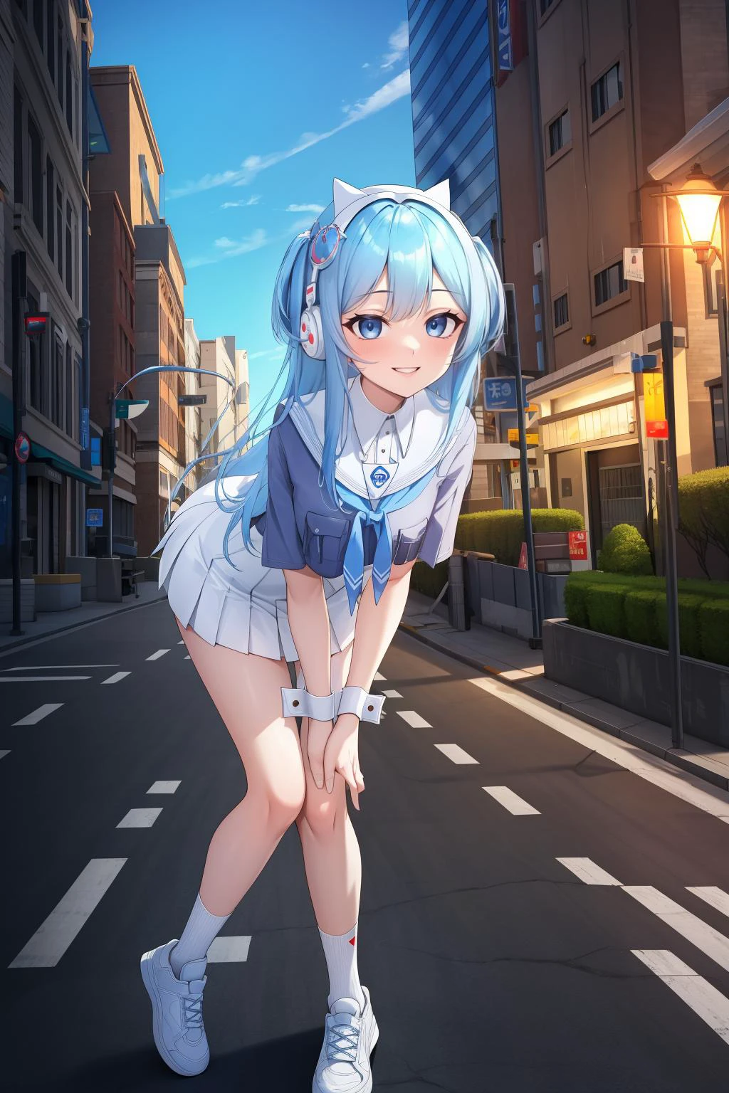 masterpiece, best quality, shifty, cat ear headphones, blue shirt, sailor collar, white skirt, wrist cuffs, socks, sneakers, leaning forward, city street, park, streetlight, looking at viewer, smile <lora:shifty-nvwls-v1-000010:0.9>