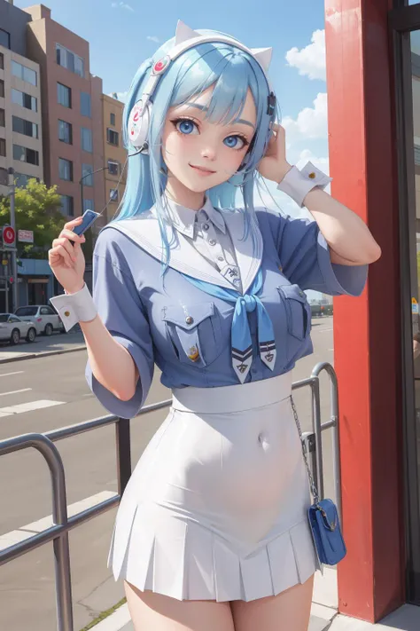 masterpiece, best quality, shifty, cat ear headphones, blue shirt, sailor collar, white skirt, wrist cuffs, cowboy shot, standing, looking at viewer, smile, city, park <lora:shifty-nvwls-v1-000010:0.9>
