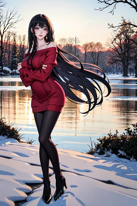 <lora:Yor_Briar_RedSweater:0.7>, yor_briar, (cute girl,1girl,solo), (pale skin:1.2), (beautiful, 20 years old), slim, (huge breasts), (red off-shoulder sweater dress), (black pantyhose), hairband, detail central park, snowy, (full body:1.3), soft light, wet, bangs, jewelry, earrings, smile,
perfect(face ,eyes , nose, hands , arms), detailed fingers, extremely detailed eyes and face, beautiful detailed nose, beautiful detailed eyes, (RAW photo, best quality), (realistic, photo-realistic:2.0), extremely detailed, CG, unity , 8k wallpaper, Amazing, finely detail, (masterpiece:2.0, best quality), realistic, (real picture, intricate details, depth of field), beautiful detailed girl, wide hips, small waist, glossy pink lips, blue eyes, (((long hair:1.2), (black hair), floating hair)), elegant ,slender figure, dynamic posture,