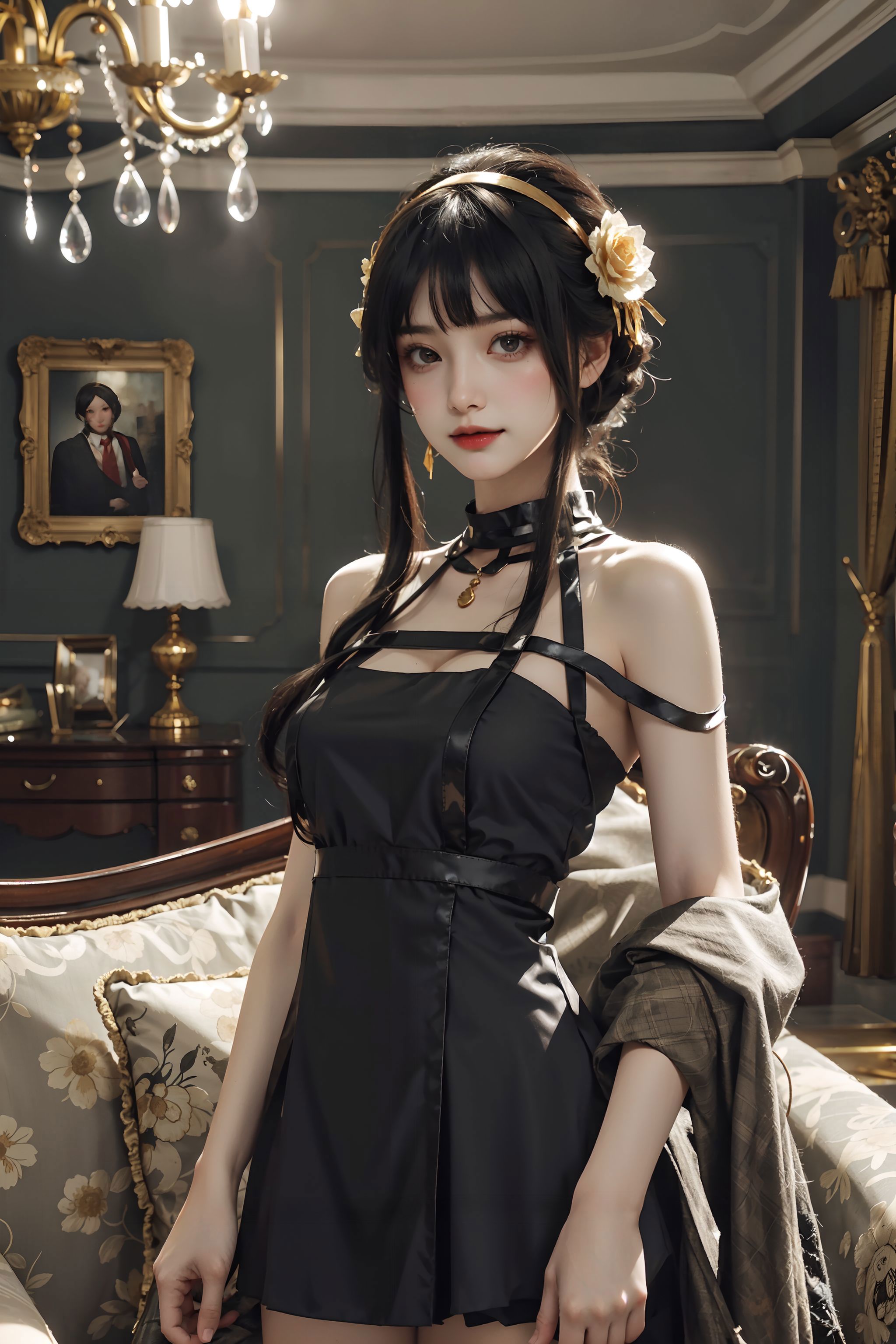 A close up of a woman in a black dress posing for a picture - SeaArt AI