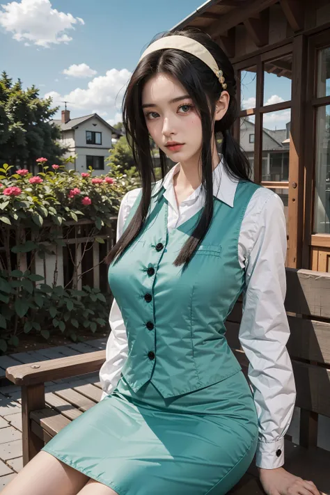<lora:Yor(Office_Lady):0.8>, yor_briar, 1girl, white hairband, ((twintails, sidelocks)), black hair, ((red eyes)), green vest, white shirt, long sleeves, green pencil skirt, thighs, upper body, standing, (cowboy shot,realistic, photorealistic), (masterpiece, best quality, high quality), (colorful),(delicate eyes and face), volumatic light, ray tracing, extremely detailed CG unity 8k wallpaper, outdoors, ((sea)), treess, flowers, clouds, blue sky