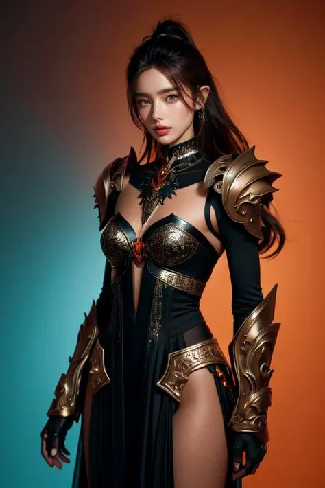 (otherworldly), highly insanely detailed, masterpiece, top quality, best quality, highres, 4k, 8k, RAW photo, (very aesthetic, beautiful and aesthetic), (limbless), <lora:Vena-000006:0.3>, 
1girl, solo, 
Tower13_Gizelle, 
a beautiful elvish girl, 
dark_skin, tan_skin, tanned skin, dark skin, dark-skinned, black-skinned, bronze skin, 
(coral hair,), 
pure orange background,pure cyan background ,neon color,multicolored background,solid color,solid color background, 
pauldrons, (fantasy world)âââ