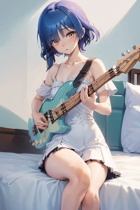 ((masterpiece)), ((best quality)), ((extremely detailed)), illustration, realistic, ((prefect anatomy)):2.8, ((perfect composition)), 1girl, yamadaryou, matured, small breasts, flexible, ((bedroom, sitting on bed, daze, intently play bass guitar)), full shot, full body, focus girl, detailed eye description, detailed face description, detailed beautiful hands, golden eyes, looking at guitar, hair ornament, dynamicangle, white camisole, whiteone-piece dress, expressionless, octane rendering, colorful contrast, ultra high-res, the interior space gradually transforms into a galaxy universe, film Reflection. <lora:yamadaryounew:1>