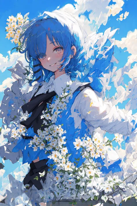 mksks, masterpiece, best quality, ultra-detailed, illustration, close-up, straight on, face focus, <lora:yamadaRyouBocchiThe_v10:1>, smile, colorfull, a background composed of flowers , blue sky, cloud-sky,girl with beatuifull eyes, cold face, looking at viewer