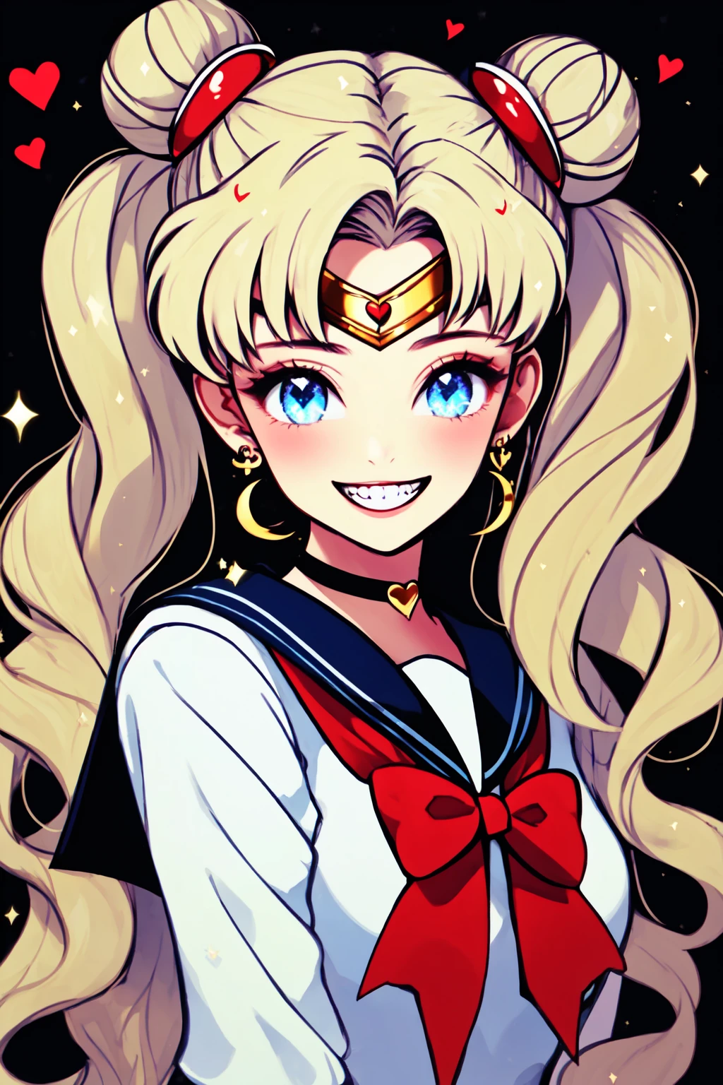 Niji Bright Style, 1girl, bangs, blonde hair, blue eyes, blue sailor collar, large breasts, sexy, bow, bowtie, brooch, choker, circlet, crescent, crescent earrings, double bun, earrings, grin, hair bun, hair ornament, heart, heart brooch, heart choker, jewelry, long hair, looking at viewer, parted bangs, red bow, sailor collar, sailor senshi uniform, school uniform, serafuku, shirt, solo, sparkle, twintails, upper body, white shirt <lora:Niji_Bright:1>