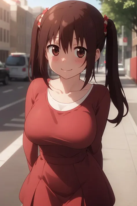 ((best quality)), ((masterpiece)), (detailed), 1girl, sexy gigantic breasts, Tohsaka Rin(Fate/ stay night), black hair, two side up hair, blue eyes, completely nude, no clothes, black over knee socks, embarrassed angry, open mouth, covering breasts and crotch, in city street, night, streetlights, side view