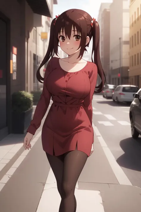 smile,large breasts,outdoors,street,walking,full body, high heels, 
<lora:Nanan ebina1Ve:0.7>,1girl,twintails,brown hair,brown eyes,long hair,bangs,hair ornament,two side up,
collarbone,red dress,large breasts,pantyhose,long sleeves,<lora:good hands:1>,, Exquisite visuals, high-definition,masterpiece,best quality,, 18yo,Young female,Beautiful Fingers,Beautiful long legs,Beautiful body,Beautiful Nose,Beautiful character design, perfect eyes, perfect face,expressive eyes,
official art,extremely detailed CG unity 8k wallpaper, perfect lighting,Colorful, Bright_Front_face_Lighting,shiny skin, 
(masterpiece:1.0),(best_quality:1.0), ultra high res,4K,ultra-detailed,
photography, 8K, HDR, highres, absurdres:1.2, Kodak portra 400, film grain, blurry background, bokeh:1.2, lens flare, (vibrant_color:1.2), (beautiful_face:1.5),(narrow_waist), ,NSFW,