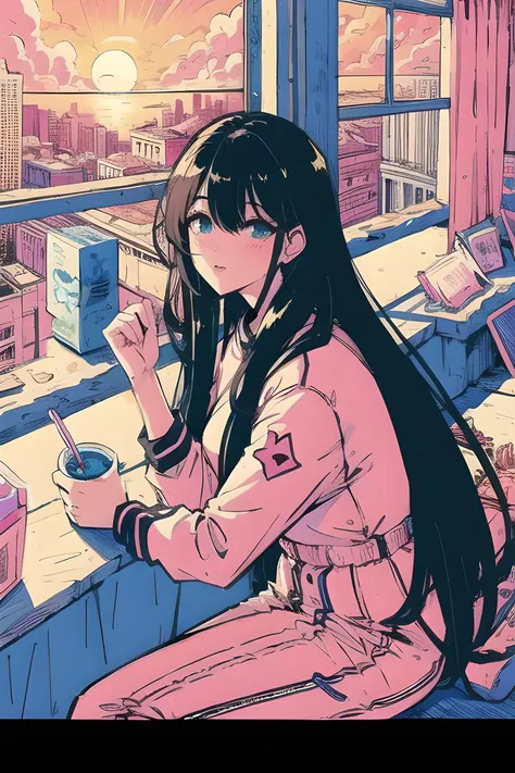 (masterpiece:1.5, best quality:1.5), ((VaporWave style, partially coloring)), close-up, from above, cinematic angle, (((vanilla))), 
1girl, solo, cute smile, (hold a vanilla ice cream), gemstone decoration, long_hair, in ice cream shop, dolls were in a mess, decadent life, 
pole outside the window, sunset outside the window, street outside the window, the sunset outside the window,