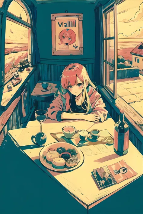 (masterpiece:1.5, best quality:1.5), ((VaporWave style, partially coloring)), close-up, from above, cinematic angle, (((vanilla))),
1girl, solo, cute smile, (hold a vanilla ice cream), gemstone decoration, long_hair, in ice cream shop, dolls were in a mess, decadent life,
pole outside the window, sunset outside the window, street outside the window, the sunset outside the window,
