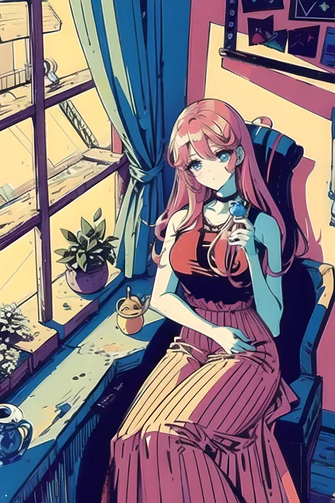 (masterpiece:1.5, best quality:1.5), ((VaporWave style, partially coloring)), close-up, from above, cinematic angle, (((vanilla))),
1girl, solo, cute smile, (hold a vanilla ice cream), gemstone decoration, long_hair, in ice cream shop, dolls were in a mess, decadent life,
pole outside the window, sunset outside the window, street outside the window, the sunset outside the window,