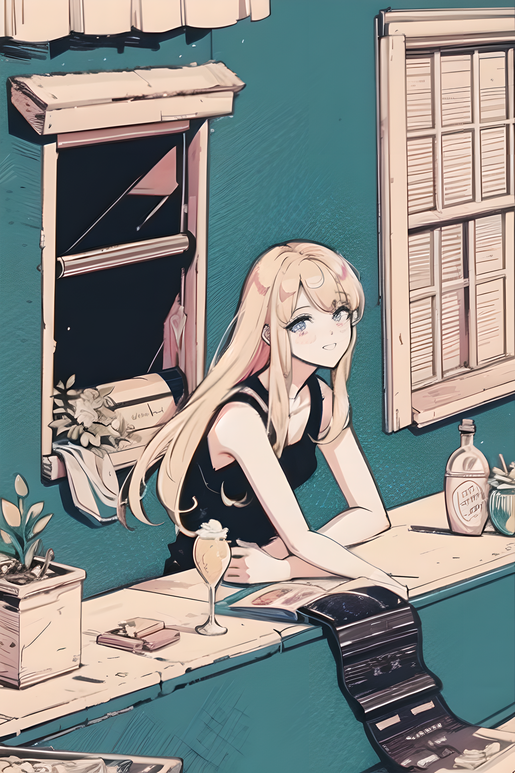 Anime girl sitting at a counter with a glass of wine - SeaArt AI