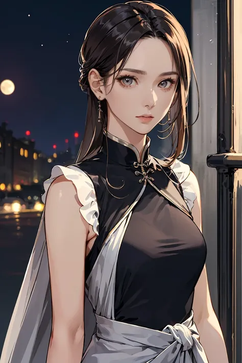 (mature body),(upper body),masterpiece,best quality,ultra detailed,extremely detailed face,solo,1girl,standing,fashionable and trendy atmosphere,and a stylish expression on her face,close up,(narrow waist),dress,walking,at the dark streets,moonrise,sleeveless,fabric clothes,<lora:GoodHands-beta2:1>,<lora:Tissue_Son_Ye_Jin_v1.0:0.8>,