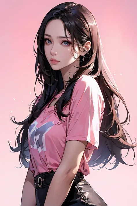 pink background, hyper realistic lifelike texture dramatic lighting unreal engine trending on art station, award winning photo, nikon RAW photo,8 k, Fujifilm XT3,masterpiece, best quality, realistic, photorealistic, ultra detailed, extremely detailed face, solo,1girl, standing, fashionable and trendy atmosphere, high-end makeup products, and a stylish expression on her face, close up, pink t-shirt, closed mouth, closed lips,<lora:GoodHands-beta2:1>,<lora:Tissue_Son_Ye_Jin_v1.0:0.8>,