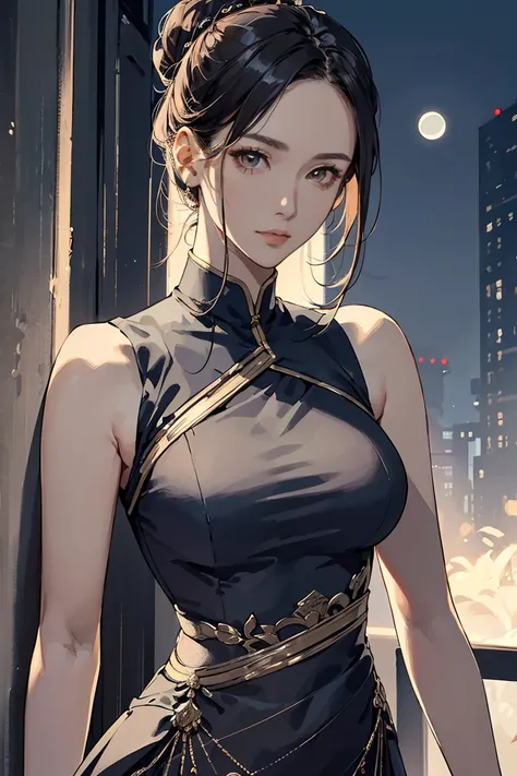 (mature body),(upper body),masterpiece,best quality,ultra detailed,extremely detailed face,solo,1girl,standing,fashionable and trendy atmosphere,and a stylish expression on her face,close up,(narrow waist),dress,walking,at the dark streets,moonrise,sleeveless,fabric clothes,<lora:GoodHands-beta2:1>,<lora:Tissue_Son_Ye_Jin_v1.0:0.8>,
