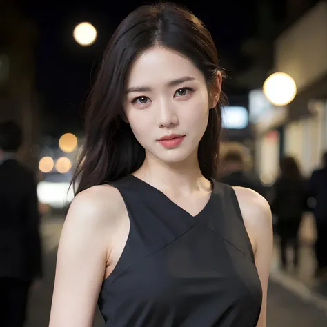 (mature body), (upper body:1.5), nikon RAW photo,8 k, Fujifilm XT3,masterpiece, best quality, realistic, photorealistic, ultra detailed, extremely detailed face, solo,1girl, standing, fashionable and trendy atmosphere, and a stylish expression on her face, close up, (narrow waist), black dress, walking, at the dark streets, moonrise, sleeveless, fabric clothes,