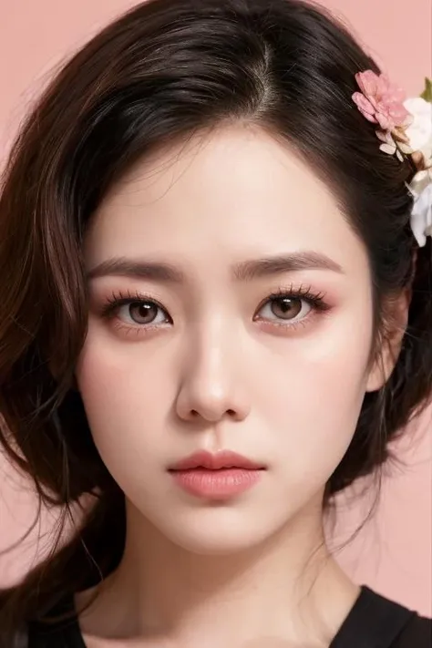 pink background, hyper realistic lifelike texture dramatic lighting unreal engine trending on art station, award winning photo, nikon RAW photo,8 k, Fujifilm XT3,masterpiece, best quality, realistic, photorealistic, ultra detailed, extremely detailed face, solo,1girl, standing, fashionable and trendy atmosphere, high-end makeup products, and a stylish expression on her face, close up, pink t-shirt, closed mouth, closed lips,