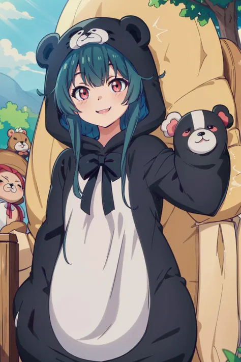 (masterpiece:1.4), (best quality:1.4), (high resolution:1.4), yuna, black bear outfit, black bear hood, black handpuppet, white handpuppet, smile, outdoors, 
 <lora:kumakumakumabear_yuna_v1:1>