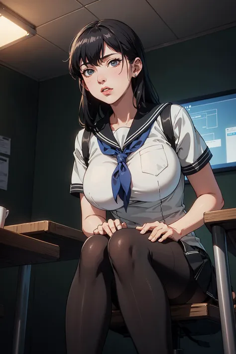 from below, full body:1.2, feet focus.1.4, 1girl, kuudere, black hair, large breast, beautiful, detailed faces, detailed eyes, sailor school uniform, pantyhose, sitting in the class, (mater piece, best quality, 8K, UHD, extreme detailed description, professional, studio lighting, sharp focus, natural lighting, highres, ultra detailed 8K CG, perfect lighting, exremely detailed background, eleborate atmosphere:0.75, fantastical colors, vivid colors, soft HDR), <lora:Akira_Todo_World_End-KK77-V1:0.35>