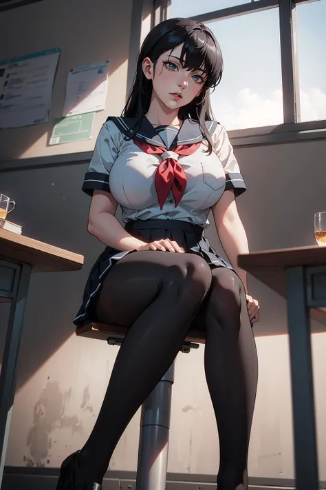 from below, full body:1.2, feet focus.1.4, 1girl, kuudere, black hair, large breast, beautiful, detailed faces, detailed eyes, sailor school uniform, pantyhose, sitting in the class, (mater piece, best quality, 8K, UHD, extreme detailed description, professional, studio lighting, sharp focus, natural lighting, highres, ultra detailed 8K CG, perfect lighting, exremely detailed background, eleborate atmosphere:0.75, fantastical colors, vivid colors, soft HDR), <lora:Akira_Todo_World_End-KK77-V1:0.35>