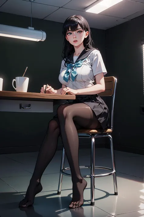 from below, full body:1.2, feet focus.1.4, 1girl, kuudere, black hair, large breast, beautiful, detailed faces, detailed eyes, sailor school uniform, pantyhose, sitting in the class, (mater piece, best quality, 8K, UHD, extreme detailed description, professional, studio lighting, sharp focus, natural lighting, highres, ultra detailed 8K CG, perfect lighting, exremely detailed background, eleborate atmosphere:0.75, fantastical colors, vivid colors, soft HDR), <lora:Akira_Todo_World_End-KK77-V1:0.35>