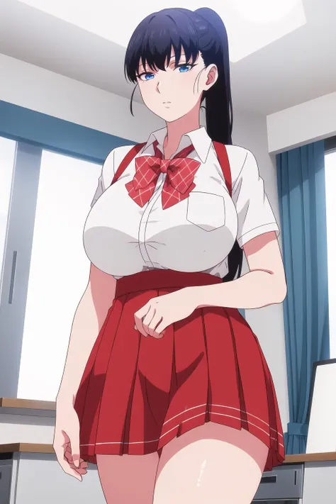 (day:1.7), in a room with curtains on the windows,indoors,gym,
Standing at attention,
white shirt,red skirt, school uniform, shirt, short sleeves,pleated skirt, red bow, plaid bowtie, plaid neckwear,
<lora:Akira_Todo_World_End-KK77-V1:0.7>,
Black_Hair,blue eyes,ponytail,bangs,long hair,
1 girl, 20yo,YOUNG female,Beautiful Finger,Beautiful long legs,Beautiful body,Beautiful Nose,Beautiful character design, perfect eyes, perfect face,
looking at viewer, in the center of the image,
NSFW,official art,extremely detailed CG unity 8k wallpaper, perfect lighting,Colorful, Bright_Front_face_Lighting,
(masterpiece:1.0),(best_quality:1.0), ultra high res,4K,ultra-detailed,
photography, 8K, HDR, highres, absurdres:1.2, Kodak portra 400, film grain, blurry background, bokeh:1.2, lens flare, (vibrant_color:1.2)
(Beautiful,large_Breasts:1.4), (beautiful_face:1.5),(narrow_waist),